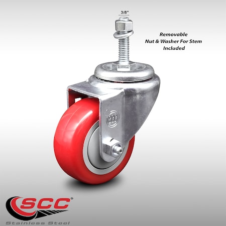 Service Caster 3 Inch SS Red Polyurethane Wheel Swivel 3/8 Inch Threaded Stem Caster SCC SCC-SSTS20S314-PPUB-RED-381615